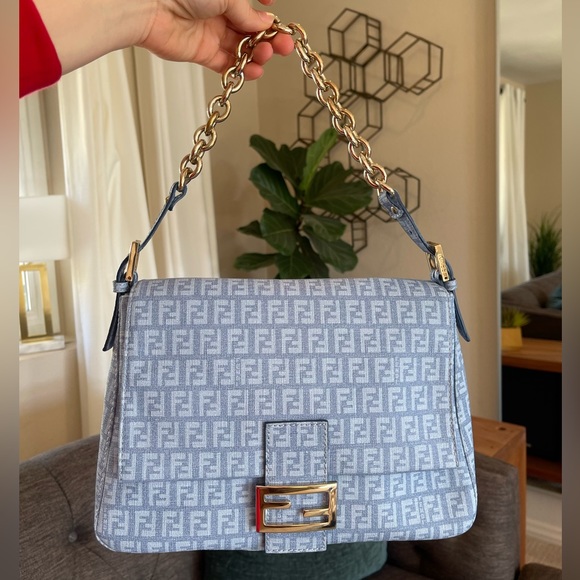 Fendi Handbags - Rare FENDI Zucchino Gorgeous Mama Baguette Celeste Blue Gold Hardware